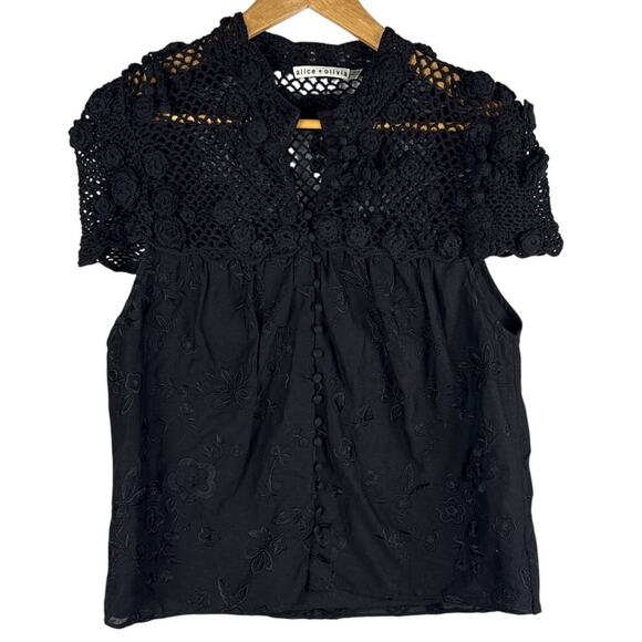 Alice + Olivia Ilaria Crochet Yoke‎ Blouse Black Size Small - Picture 5 of 11